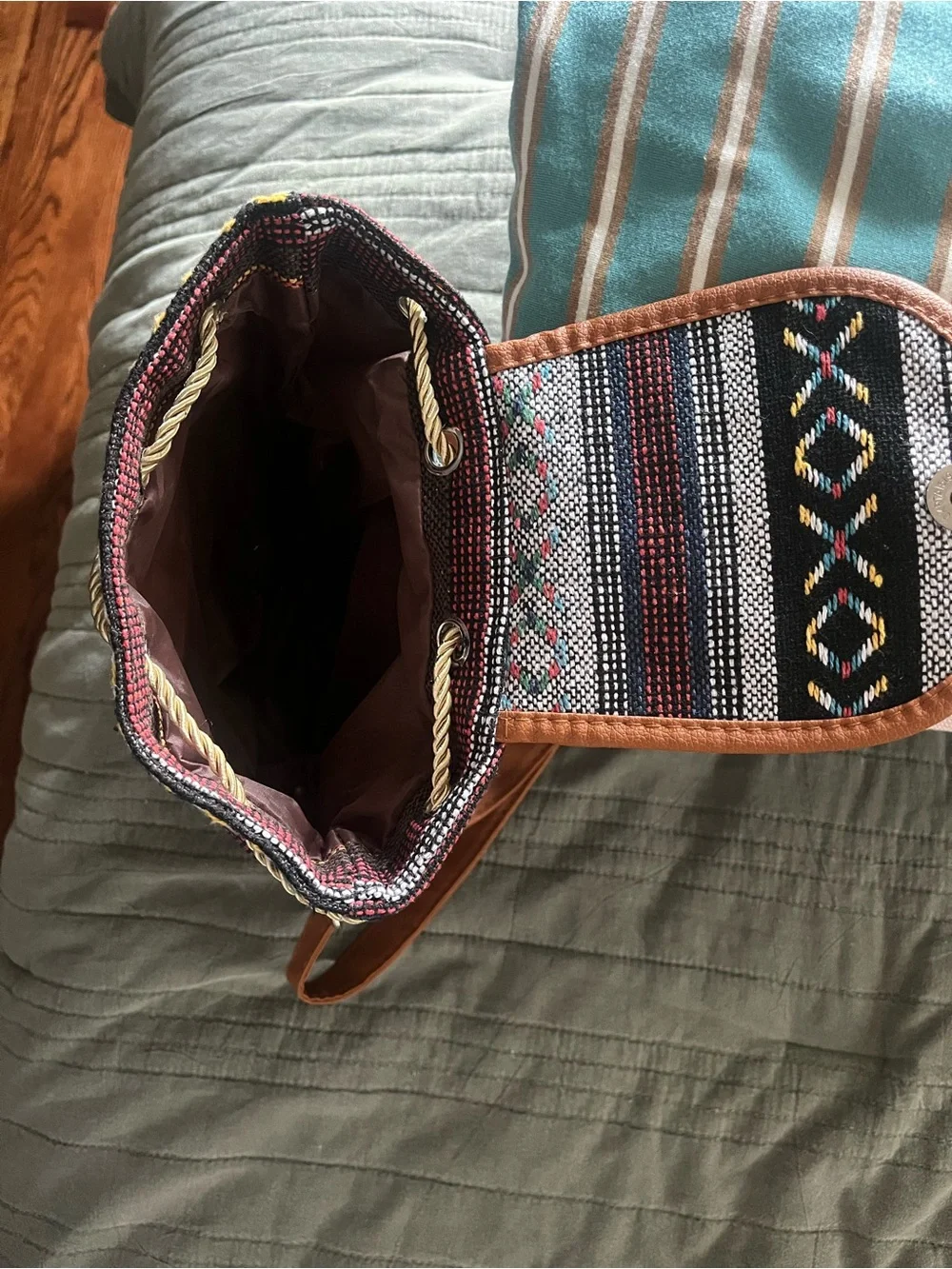 Multicolor Boho Woven Mini Backpack with Tan Trim